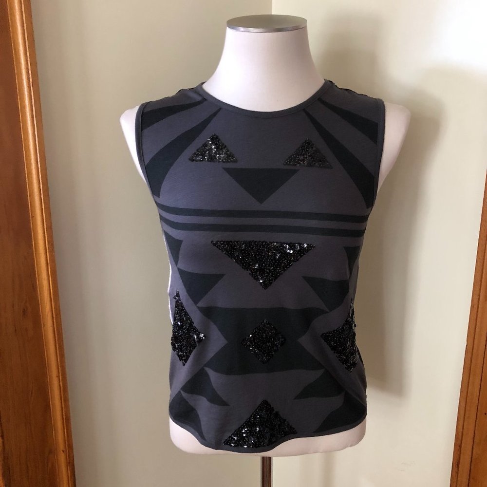 EXPRESS Sleeveless Black Top with Sequin Shapes and Lace Back